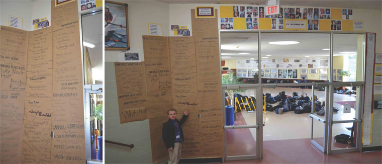 (Above) Iona Prep Human Rights Club member Ryan Murphy (’18)
poses with the mural he and other club members helped create. (Left)
The mural contains the names and photos of the hundreds of victims of
school shootings that have occured in the United States in recent years.