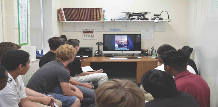 Iona Prep Human Rights Club members at the May 2018 video conference
with students from Colegio Cardenal Newman in Buenos Aires, Argentina.