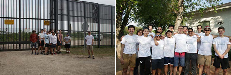LEFT: Vancouver College students pose for a
picture at the border fence separating
Matamoros, Mexico and Brownsville, Texas.<br>
RIGHT: Eleven students and three teachers from
Vancouver College spent their Spring Break in
Brownsville, Texas learning about immigration.