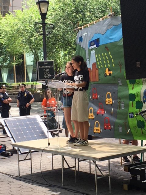 Two members of the Zero Hour Youth March
address the crowd gathered a t Dag
Hammarskjold Plaza in New York City.<br>(Photo: Kevin Cawley)