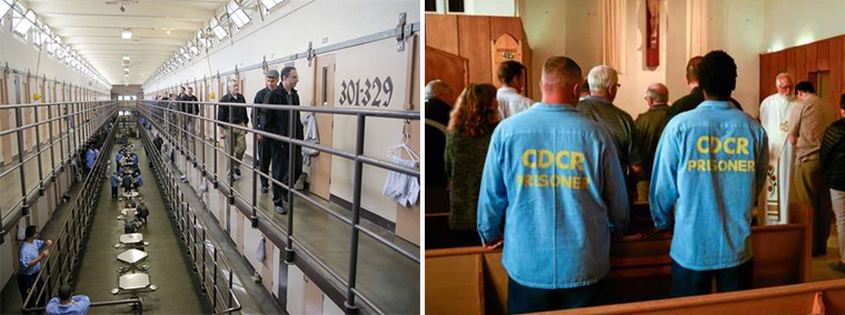 LEFT: Palma’s Campus Ministry Department has worked extensively
with the Life CYCLE group at Soledad’s Correctional Training
Facility. Pictured above, members of the Palma School’s faculty
and staff tour the Correctional Facility during the 2017 retreat
they led for inmates there.<br>
(Photo- Chelcey Adami, thecalifornian.com)<br>

RIGHT: California Department of Corrections and Rehabilitation inmates Ted
Gray, left, and James Jacobs visit the chapel at the Correctional
Training Facility in Soledad. Gray and Jacobs, who are part of the Life-
CYCLE group, joined Palma School teachers and staff who took a trip
to the facility Monday.<br>
(Juan Reyes — Monterey Herald)