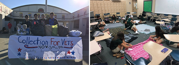 LEFT: Students with the collected items | RIGHT: Students make blankets to distribute to the homeless in Tampa