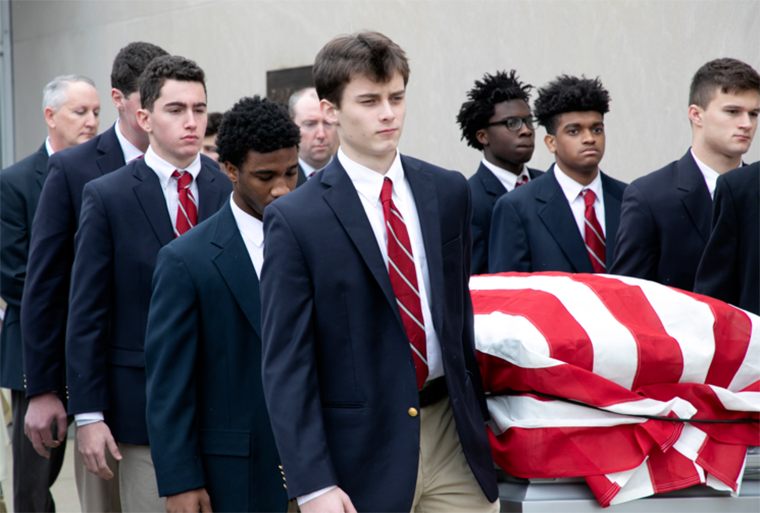 Student at Catholic Memorial School in West Roxbury, Mass., serve at the funeral service for U.S. Army Veteran Timothy Fowl in January 2019 (Photo provided by author)