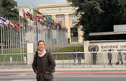 Palma School’s Mia Mirassou stands outside the UN headquarters in Geneva.