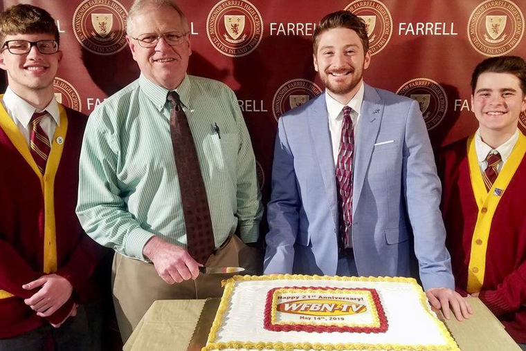Farrell Principal Lawrence Musanti and Michael Leavy with Matthew Sullivan, left, and Matthew Giacobbe, right.
(Courtesy/Brother Paul Hannon)