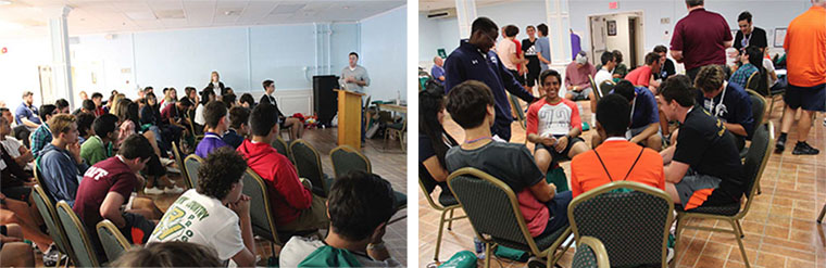 LEFT: ERCBNA Advocacy Coordinator Sean D’Alfonso
address students during the ACTION workshop.
This session focused on how students can work
to advocate for others upon returning to their
own schools. | RIGHT: Students participate in
one of the many small group activities
throughout the weekend.