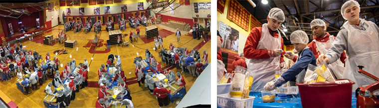 LEFT: Bergen Catholic’s gym is packed with
volunteer preparing food. | RIGHT: Bergen Catholic
students package meals (photo credit NorthJersey.com)