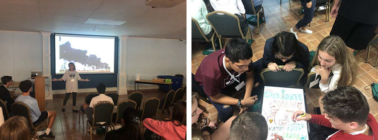 LEFT: Iona Prep’s Christine Chana leads a
session on climate change. | RIGHT: Students
on the ACTION retreat create climate change
action posters.