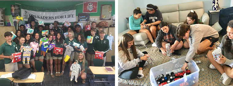 LEFT: Tampa Catholic students collected
items for young mothers in need. | RIGHT:
Tampa Catholic students collected and
wrapped toys during a recent toy drive.