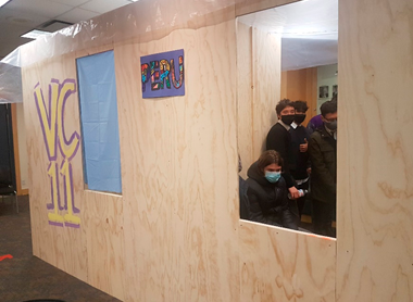 For the virtual Peru immersion, Vancouver College students created a Peru Pavilion, which included this full scale replica of a house that would be built on the trip in Jicamarca, Peru.