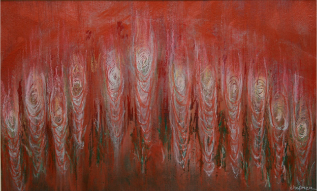 Red Pentecost (1999) Disciples on Fire   By Brother Kenneth Chapman, CFC. They throw up their hands in praise. - Edmund Rice Christian Brothers Art Foundation, LTD.