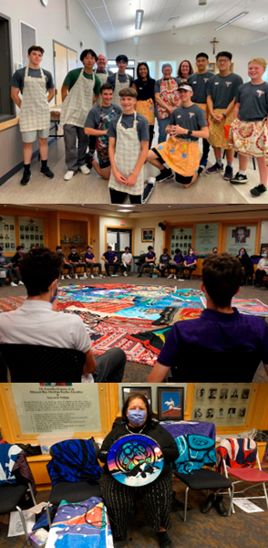 (Top): Vancouver College students serving meals at St. Luke’s Parish. (Middle): Senior students at Vancouver College participate in the Kairos Blanket Exercise to learn about connections between indigenous and non-indigenous groups. (Bottom): Melaney Gleason-Lyall joins Vancouver College students for the Kairos Blanket Exercise.