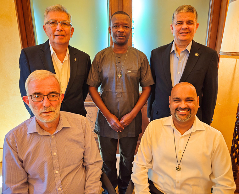 The Congregation Leadership, from left to right: Br. John Casey, Congregation Leader; Br. David Ryan Silva, Congregation Deputy Leader (Front row); Br. Brothers Hugo Cáceres; Br. Amandi Mboya and Br. Senan D’Souza (Back row)