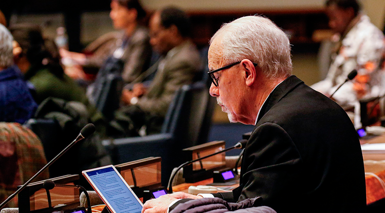 Br. Kevin Cawley, a member of the Congregation of Christian Brothers, is seen at the United Nations in 2018. Cawley is principal representative of Edmund Rice International at the U.N. (CNS/Gregory A. Shemitz)