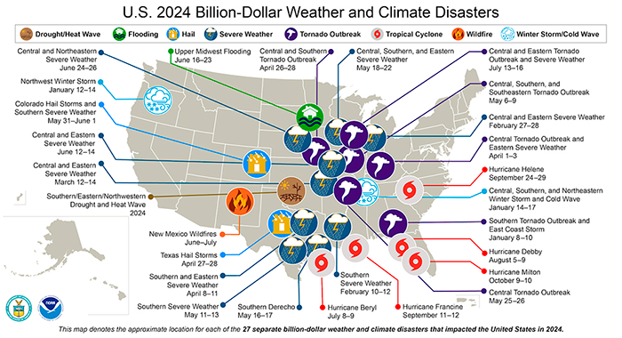 A map of the U.S. plotted with 27 weather and climate disasters each costing ####_C_ billion or more that occurred between January and December 2024. (NOAA/NCEI)