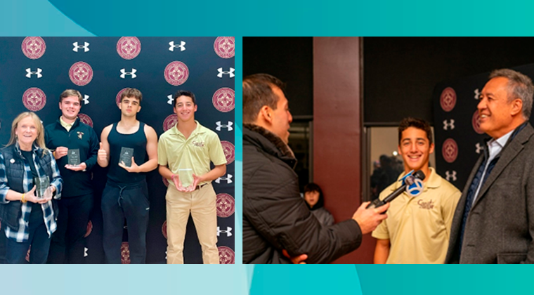 Left picture- Iona Prep ACTION Moderator Christine Chana with ACTION Ambassadors (l-r) Daniel, Lucius and Matty.
right picture- Iona Prep ACTION Ambassador Matty speaks with reporters during their Type-1 Diabetes fundraiser event with Mets Pitcher Ron Darling.